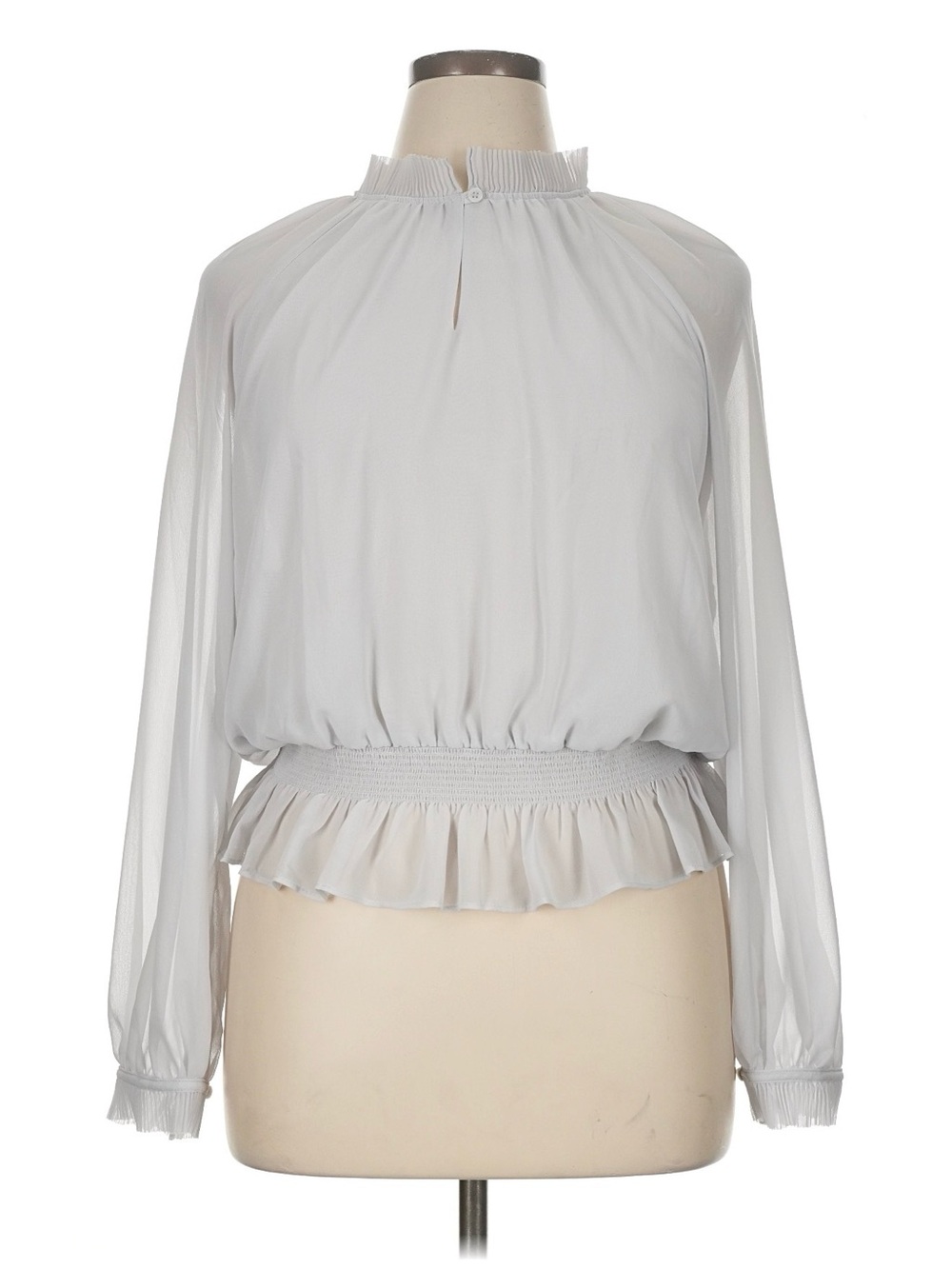 Ann Taylor Sheer Ruffle-Hem Blouse in Light Gray